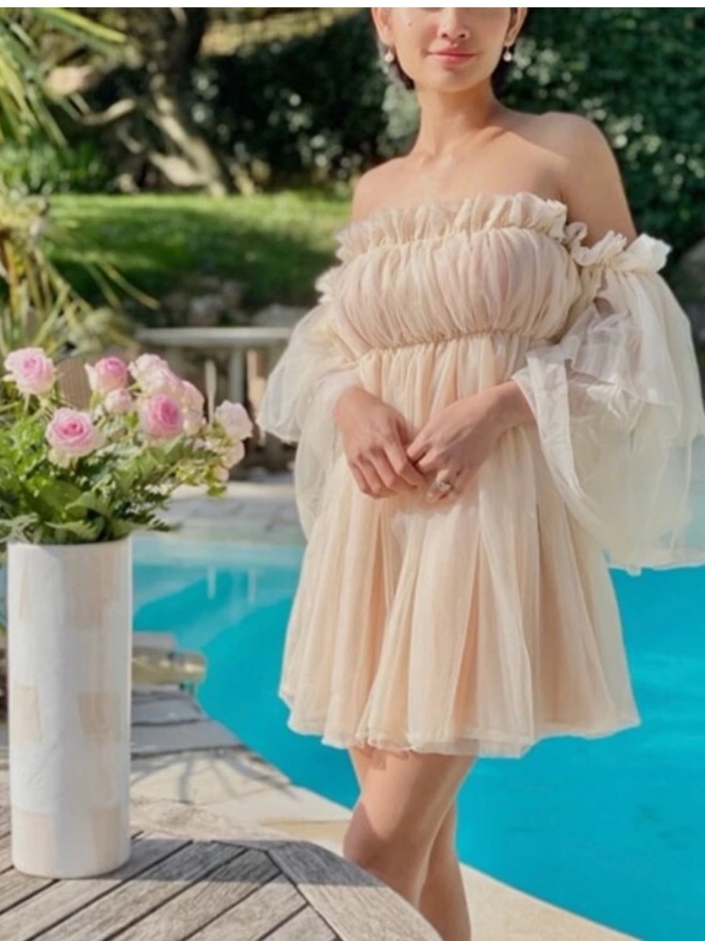 ReminisceMe:Ruffle off the shoulder Mesh Dress Fairy Layer Cream Sz S NWOT FIRM$